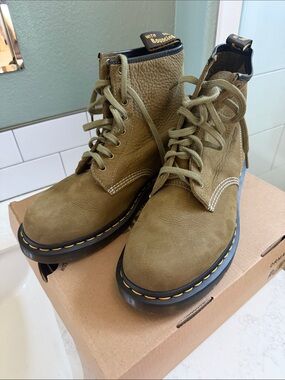 Dr. Martens Olive Lace-Up Leather Boots with Yellow Stitching